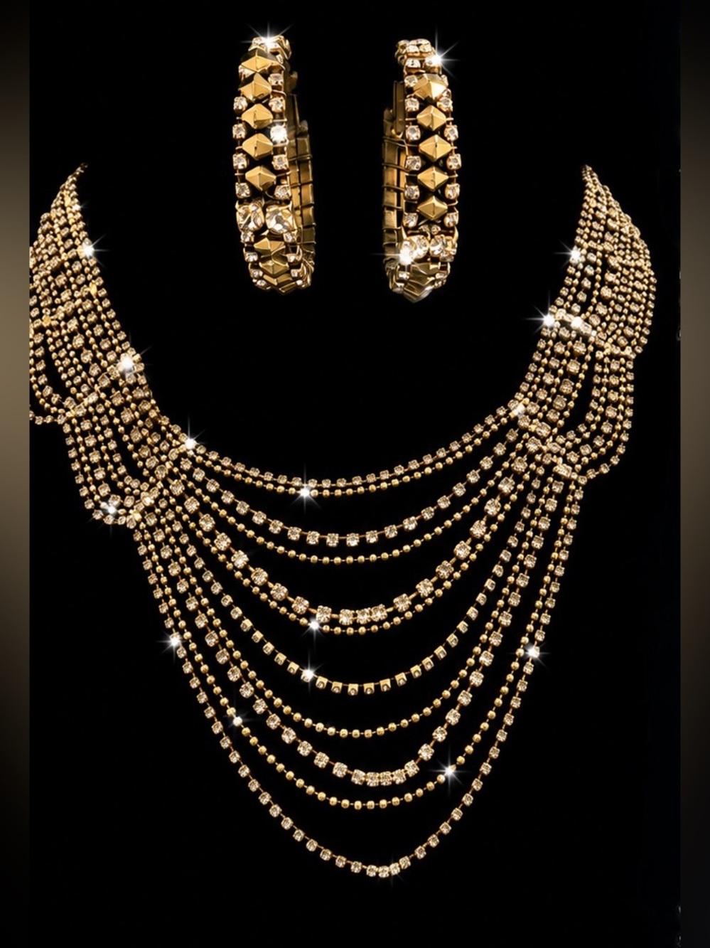 Vintage CARA New York 18K Gold Plated and Rhinestone Necklace, Earrings GWP
